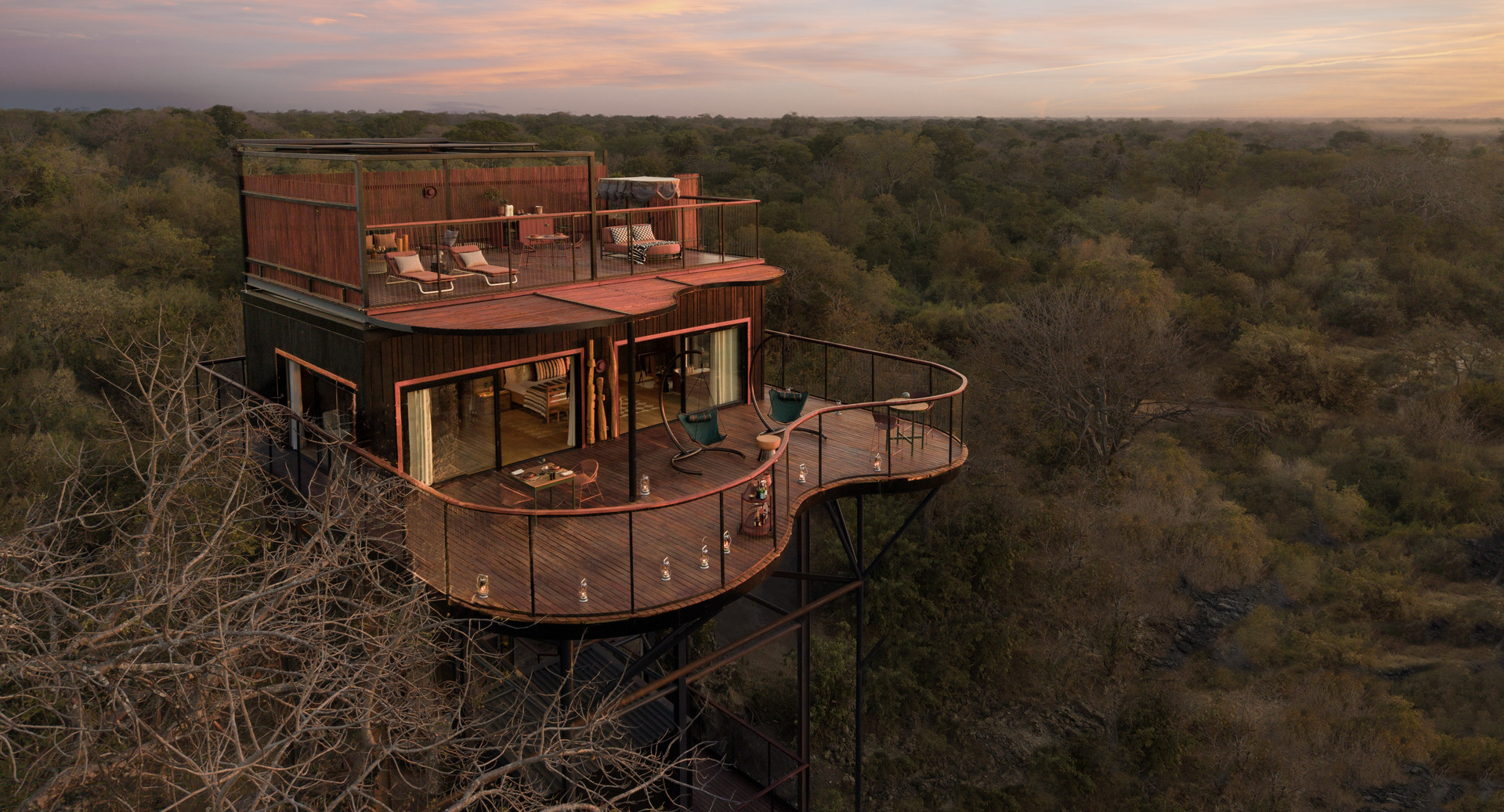 Evening Aerial view from the Horizon Terrace Suite at Anantara Tented Camp Kafue River