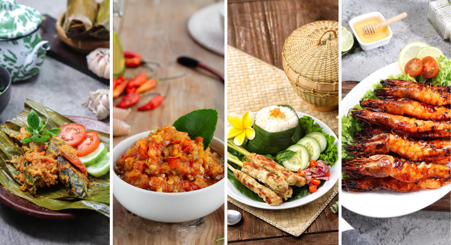Popular Balinese food include Fish seasoned with herbs and spices (Pepes ikan), Sambal, Balinese satay (Sate lilit), Grilled prawns (Udang bakar madu) 
