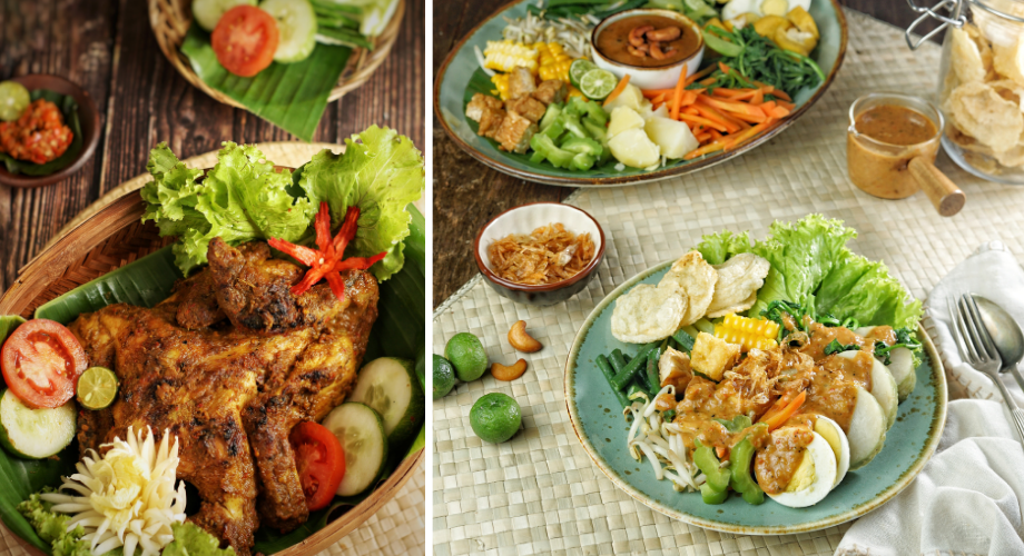 Chicken in spice (Betutu) and Vegetables in peanut sauce (Gado-gado)