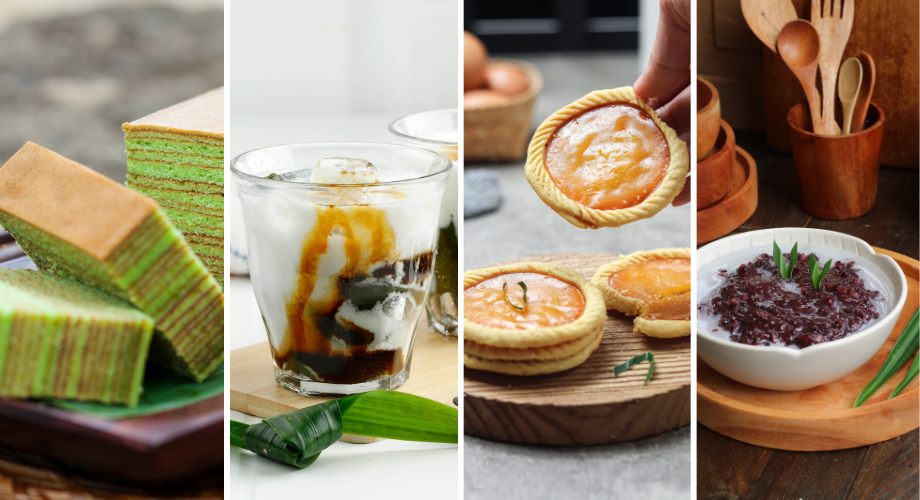 Lapis cake, grass jelly with coconut milk (es daluman), milk pie (pie susu), black rice pudding (bubur ketan hitam or bubur injun)