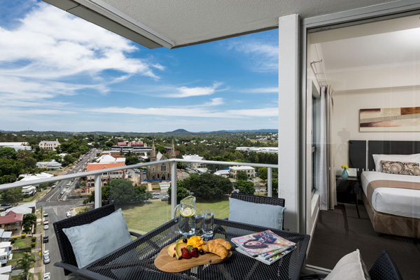 2 bedroom apartment balcony with views of Ipswich QLD at Oaks Aspire hotel
